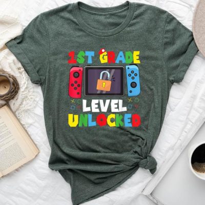 1St Grade Level Unlocked Back To School First Day Gamer Boys Unisex T-shirt Cotton Tee