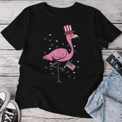 4Th July Flamingo Us Flag Bird Patriotic Girls Kid Men Unisex T-shirt Cotton Tee
