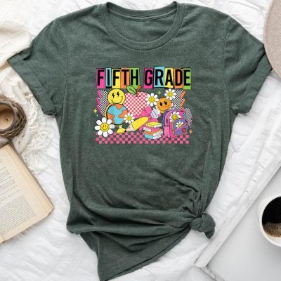 5Th Grade 80S 90S Groovy Back To School Apple Smile Face Unisex T-shirt Cotton Tee