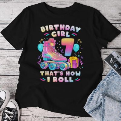 7Th Birthday Girl 7 Years Roller Skates Number 7 Unisex T-shirt Cotton Tee