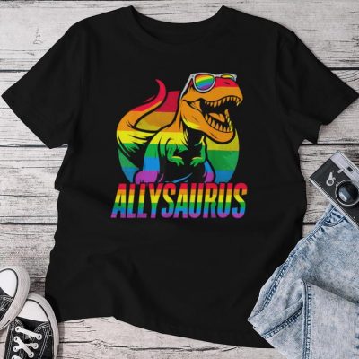 Allysaurus Lgbt Rainbow Flag Ally Dinosaur Lgbt Pride Unisex T-shirt Cotton Tee