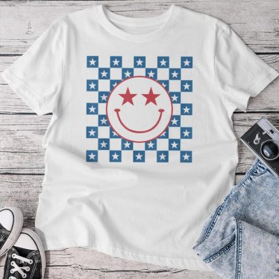 American Flag 4Th Of July Groovy Smiling Face Checkered Men Unisex T-shirt Cotton Tee