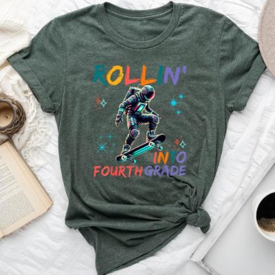 Astronaut Rolling Into Fourth 4Th Grade Space Back To School Unisex T-shirt Cotton Tee