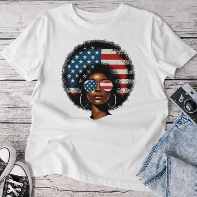 Black Girl Us Flag Melanin Afro 4Th Of July African American Unisex T-shirt Cotton Tee