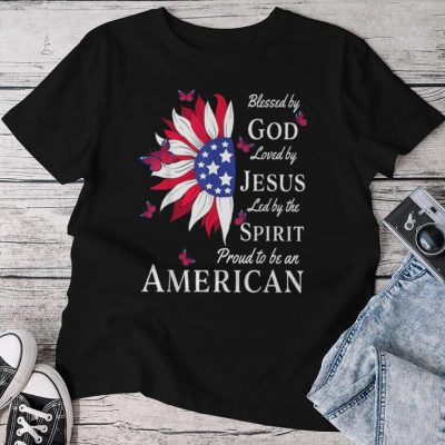 Blessed By God Loved By Jesus Proud American Sunflower Unisex T-shirt Cotton Tee
