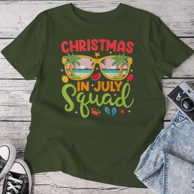 Christmas In July Squad Groovy Sunglasses Summer Beach Unisex T-shirt Cotton Tee