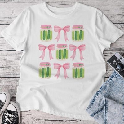 Coquette Canned Pickle Bows With Cute Pickle Jar Girl Unisex T-shirt Cotton Tee