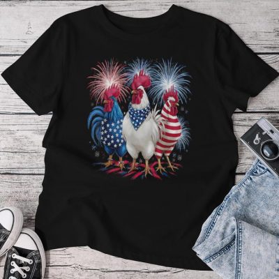 Fireworks Patriotic Usa Rooster Chicken Usa Hen 4Th Of July Unisex T-shirt Cotton Tee