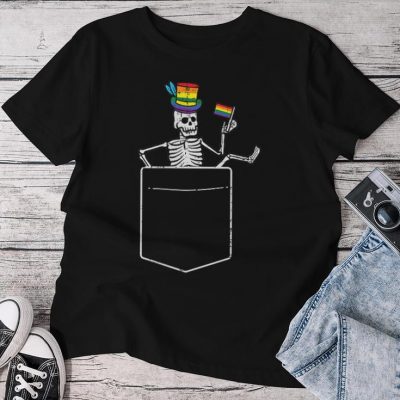 Gay Skeleton Rainbow Flag Pocket Lgbt Pride Month Unisex T-shirt Cotton Tee