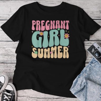 Groovy Pregnancy Reveal Pregnant Girl Summer Baby Shower Unisex T-shirt Cotton Tee