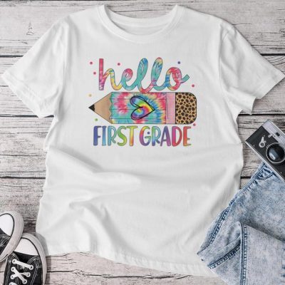 Hello 1St Grade Leopard Pencil Tie Dye Back To School Unisex T-shirt Cotton Tee