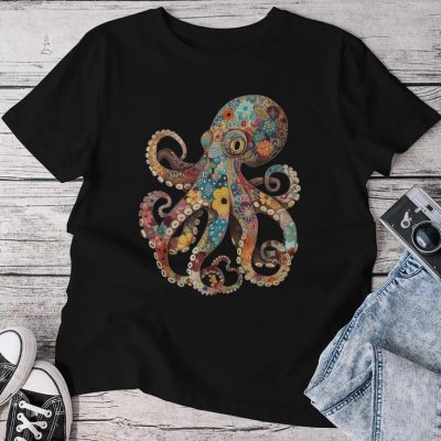 Octopus Floral Vintage Flowers Squid Kraken Scuba Diving Unisex T-shirt Cotton Tee