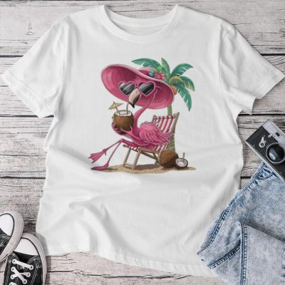 Palm Flamingo Pink Beach Tree Summer Vacation Unisex T-shirt Cotton Tee