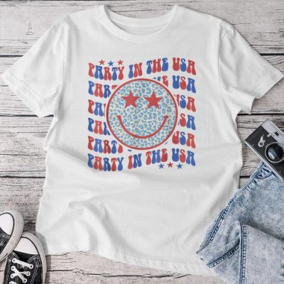 Party In The Usa Retro Groovy Smile Face Leopard 4Th Of July Unisex T-shirt Cotton Tee