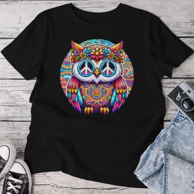 Psychedelic Peace Owl Love Colorful Harmony Unity Positivity Unisex T-shirt Cotton Tee