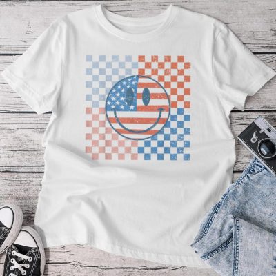 Retro Checkered 4Th Of July Patriotic Us Flag Boy Girl Unisex T-shirt Cotton Tee