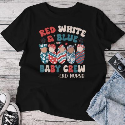 Retro Groovy Red White Blue Baby Crew L&D Nurse 4Th Of July Unisex T-shirt Cotton Tee