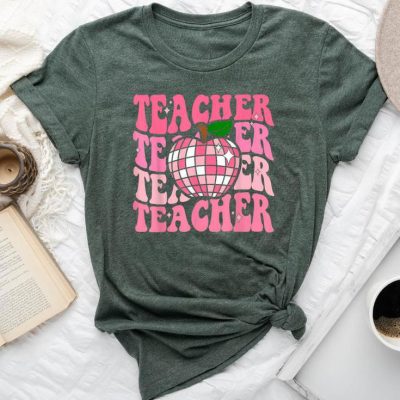 Retro Pink Disco Ball Apple Teacher Colorful Back To School Unisex T-shirt Cotton Tee