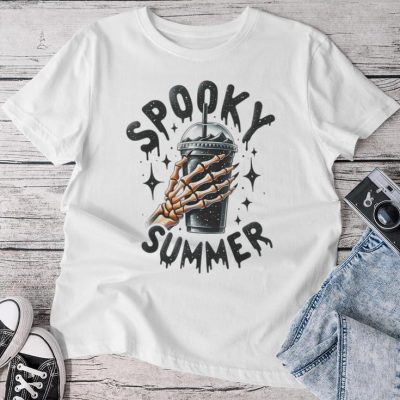 Retro Spooky Summer Skeleton Ice Coffee Summer Vacation Unisex T-shirt Cotton Tee