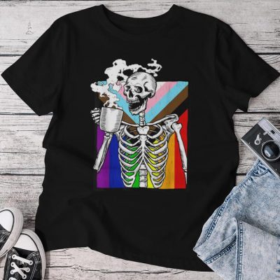 Skeleton Drinking Coffee Gay Pride Skull Lgbt-Q Ally Unisex T-shirt Cotton Tee