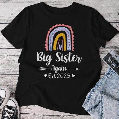 Soon To Be Big Sister Again 2025 Baby Announcement Rainbow Unisex T-shirt Cotton Tee