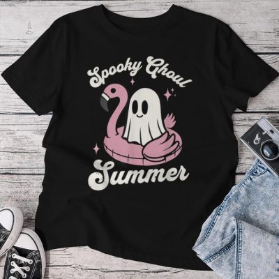 Spooky Ghoul Summer Cute Ghost Flamingo Summer Vibes Beach Unisex T-shirt Cotton Tee