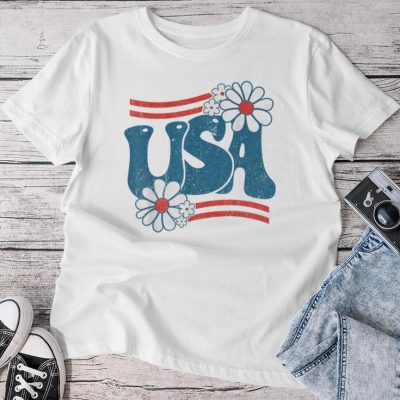 Usa Flower Patriotic 4Th Of July Groovy American Flag Unisex T-shirt Cotton Tee